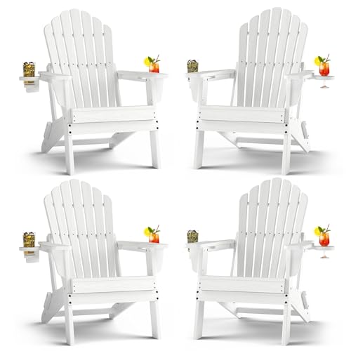 Plawdlik Folding Adirondack Chair with Cup Holders Set of 4, High Back Patio Chair HDPE All-Weather Fire Pit Chair for Garden,Lawn,Poolside, White