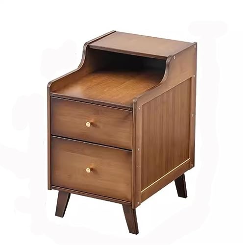Mesita de noche de madera con dos cajones en color madera original/marrón oscuro, mesa auxiliar estrecha para espacio pequeño de almacenamiento en dormitorio, mesita de noche para mesita de noche
