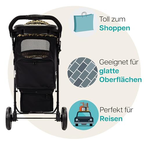 Hundebuggy Katzenbuggy für Reisen - Innopet Allure Cheetah – exklusiver Hundewagen mit Leopardenmuster, einhändig faltbar, mit Aufbewahrungskorb, 2 Sicherheitsleinen, pannensichere Räder – Hundewagen
