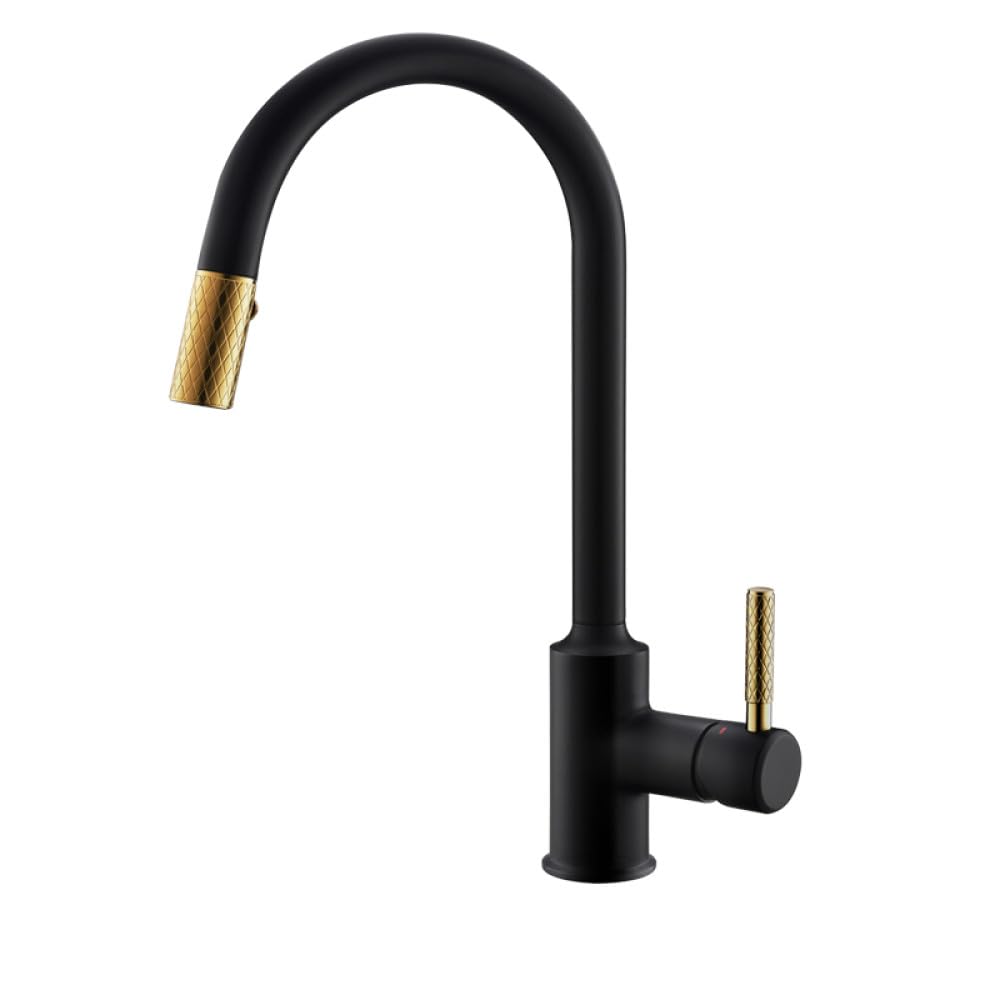 Robinet de cuisine extractible noir mat et or pour évier à rotation 360°