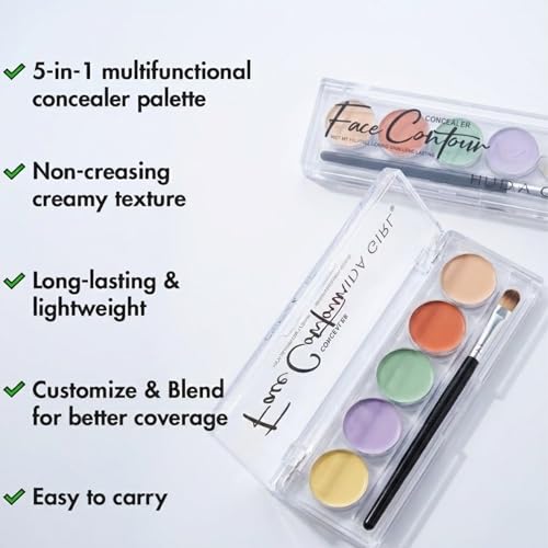 Image of HUDA GIRL Natural 5-Shades 3in1 Contour, Highlighter and Concealer Palette with Brush, 24Hrs Waterproof Formula with Orange for Dark Circles, Oil Control for Face Makeup Kit for Women