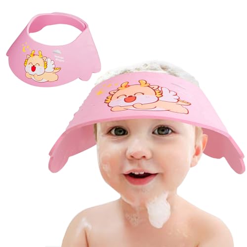 Image of Baby Shower Cap Shield, Soft Adjustable Kids Bath Visor Hat Shampoo Washing Hair Protection Cartoon for Toddler children (Pink Dragon)