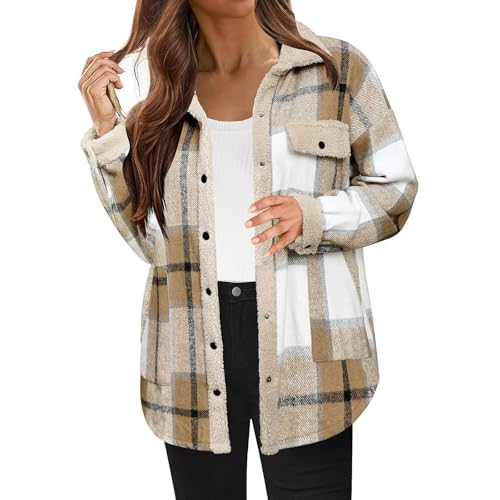 Jackets for Women Fleece Plaid Shacket Button Long Sleeve Jacket Warm Coat