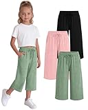 LessonZoo 3 Pack Girls' Capri Pants with Pockets Wide Leg Drawstring Capris Summer Kid Loose Straight Cropped...