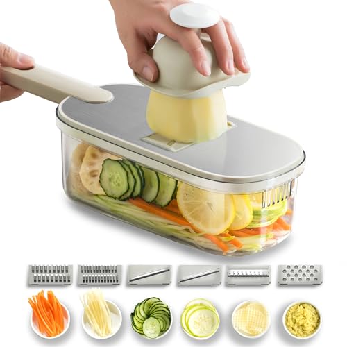 Buy It Once Mandolina profesional para verduras | Cortador manual de verduras | Tamaño ajustable con 6 cuchillas y recipiente