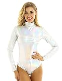 Freebily Femme Brillant Body Métallique Manche Longue Combinaison Moulante Zippé Justaucorps Gymnastique Danse Performance Costume Carnaval Fête Boîtes De Nuit Clubwear Argenté L