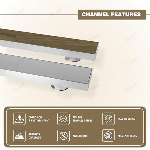 Image of InArt Dual Insert 304 Stainless Steel Invisible Shower Drain Channel (24x4 Inches) | Waste Water Floor Drain Jali for 13mm Tile with Trap - 5 Year Warranty