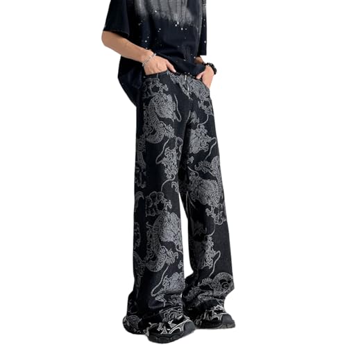 Men's Jeans Loose Trendy Dragon Print Hip Hop Straight Leg Denim Pants