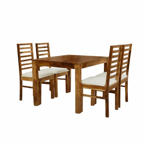Image of SHYAM ART & CRAFT 4 Seater Dining Table Set in Sheesham Wood with Cushioned Chairs | Solid Wooden Dining Table for Home & Kitchen | Space Saving Modern Furniture for Dining Room | Brown
