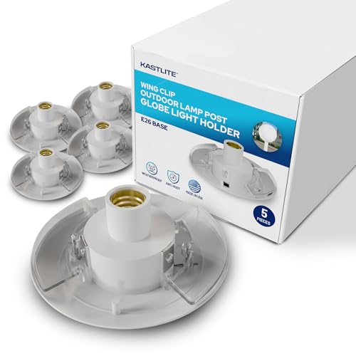 KASTLITE Wing Clip Fitter - Fits Globes, Acorns w/ 5.25" Neckless Hole, 3" Poles | USA Made Polycarbonate Outdoor Lamppost Globe Street Light Fixture Base & Lamp Holder Replacement | White, 5-Pack