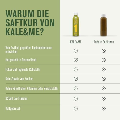 Foto von Kale&Me Saftkur Klassik 3 Tage – 18 nummerierte Flaschen mit je 320 ml – 6 verschiedene kaltgepresste Säfte – vegan, ohne Zusatz- & Konservierungsstoffe – 689 kcal pro Tag – mit Kurguide