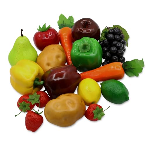 18Pcs Fake Fruits Vegetables Realistic Artificial Frutis Foam Decoration Faux fruit Lifelike Simulation Vegetable for Home Kitchen Festival Ornament Bell Peppers Strawberry Carrots Plastic Lemon