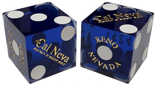 Wide Selection Authentic Lake Tahoe Reno Nevada Casino Table-Played Craps Dice Pair with Storage Pouch, Matching Serial Numbers (Reno Cal Neva Best Bet - Blue Polished)