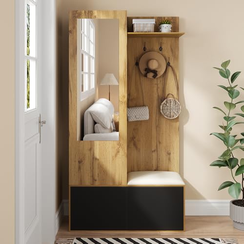 PUGSDRLY Ensemble de vestiaire Comprenant 5 patères 100L x 38 B x191 H, Un Miroir, Armoire à Chaussures, Armoire encastrée avec étagère supérieure, des...