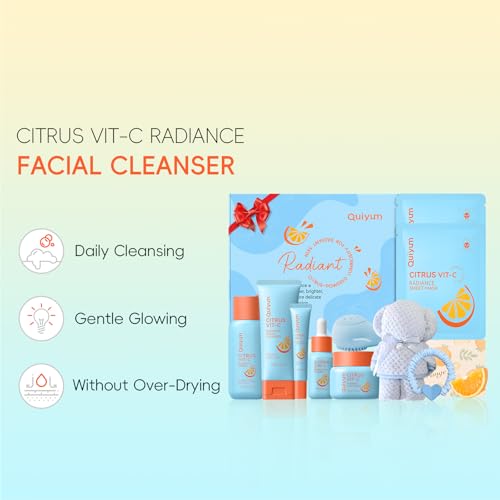 QUIYUM Citrus & Vit-C Glow Up Skin Care Set - 6-Step Daily Routine with Cleanser, Toner, Serum, Eye Cream, Moisturizer & Face Mask, Facial Gift Set for Women Preteens Girls, for Fresh Radiant Skin