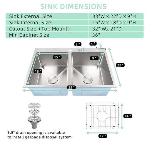 PHS 33 Inch Drop In Double Bowl Kitchen Sink 50/50-16 Gauge Stainless Steel Overmount Kitchen Sink 33x22 with Accessories, 9 Inch Deep Sinks with Brushed Finish by PHS - Used condition - Image 3