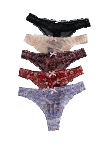 Image of SHENHE Women's 5 Packs Floral Lettuce Trim Bow Low Rise Cute Thong Panties Underwear