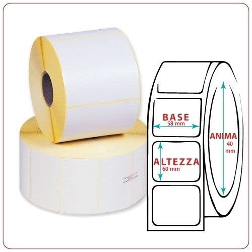 E58604075B Confezione 30 Rotoli di Etichette Bianche, 58x60 mm, Adesive Termiche per Bilancia, 750 Etichette a Rotolo, Foro 40 mm