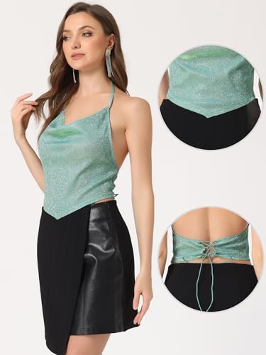Haut dos nu à paillettes Allegra K vert clair en taille M avec col bénitier - 2