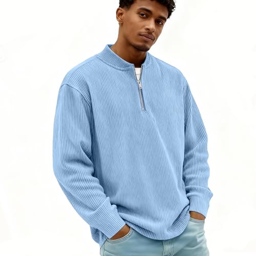 VLOYSR Sweat Homme sans Capuche 1/4 Zippé Pullover Décontracté À Col en Velours Côtelé Sweatshirt Automne Hiver Léger Et Chaud Sweatshirt Homme Bleu XL – vue 2