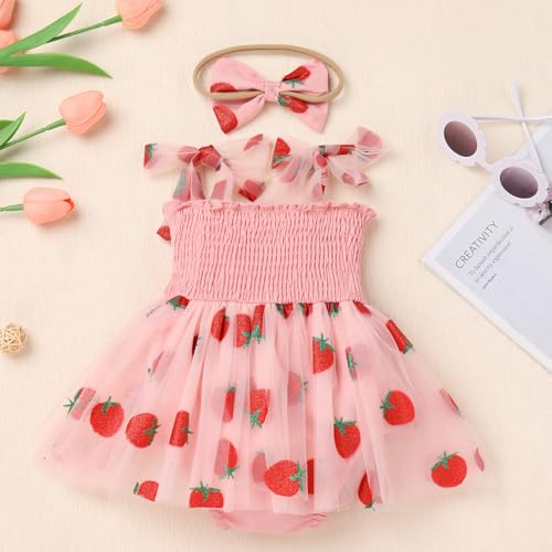 AWIBMK Baby Girls 1st Birthday Colorful Dots Daisy Strawberry Ruffle Romper Tulle Dress with Headband Cake Smash Outfit3