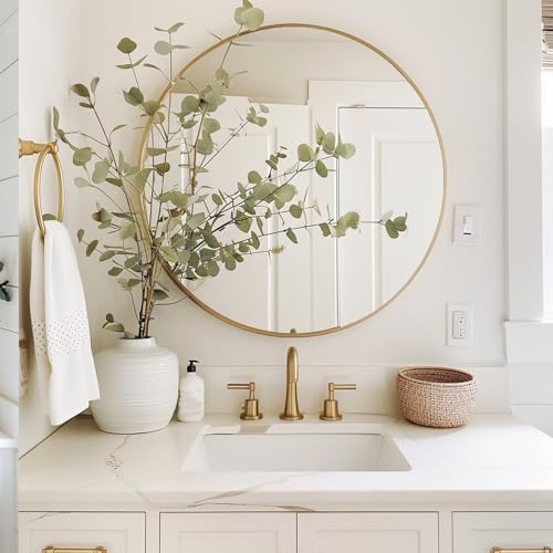 Image of Sunniry Gold Round Mirror, Circle Mirror 26 inch, Gold Circle Mirrors Brushed Metal Frame, Round Mirrors for Wall, Living Room, Bathroom, Entryway, Rustic.