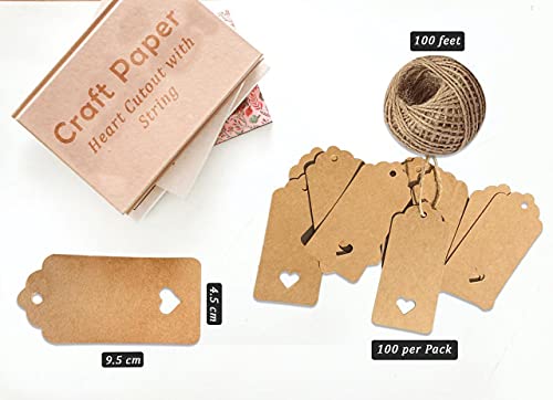 PCP 100 Pcs Gift Tags 9x4.5cm Kraft Paper Tags with 30m Jute Twine String for Arts & Craft, Luggage Label, Weddings - Image 3