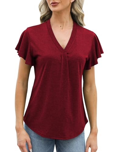 Adigaber Camiseta de Mujer con Cuello en V T-Shirt de Verano Holgada Pétalos de Flores Manga Corta Túnica