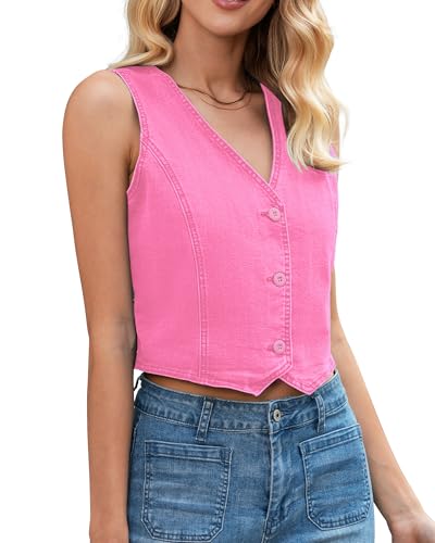 LookbookStore Denim Vest for Women Trendy Sleeveless Cropped Stretchy Jean Vests Top Summer Casual Button Wasitcoat Tops