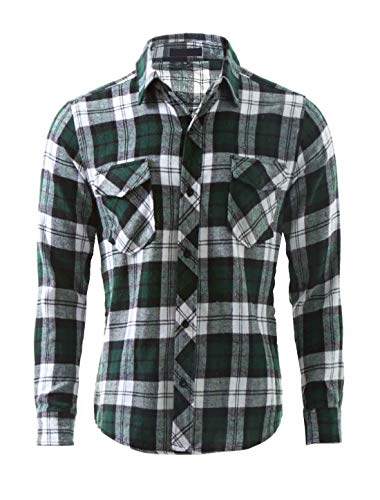 uxcell Men's Button Down Regular Fit Long Sleeve Check Plaid Flannel Shirts Green 38