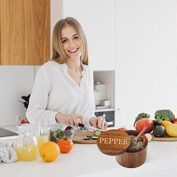 Timtopno Acacia Wood Salt Cellar & Pepper Box Set with Built-in Spoon and Swivel Lid Elegant Engraved Salt Container for Countertop Storage