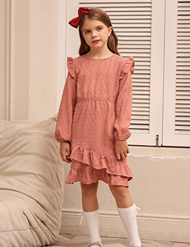 Girls Ruffled Dresses Long Sleeve Swiss Dot Fall Dress A-Line Girls Dresses Orange 7Y #TOP3