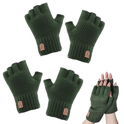 ZOCONE 2 Paar Strick Fingerlose Handschuhe Winter Warme Fingerlose Handschuhe Herren Flexible Touchscreen Halbfinger Ohne Fingerkuppen Damen Fingerless Gloves Unisex Erwachsene (Grün)
