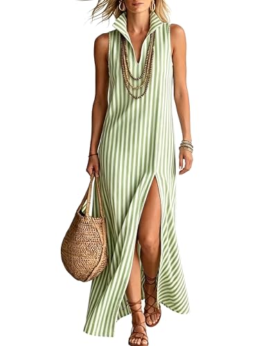 Stylish Classic Striped Stand-Collar Cotton-Linen Maxi Dress - Effortless Relaxed