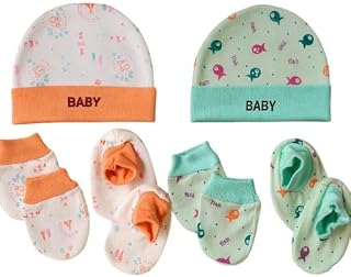 Newborn Baby Cotton Cap, Mittens & Booties Set | Unisex Infant Essentials Infant Combo Set Green 0-6 Months Price In India