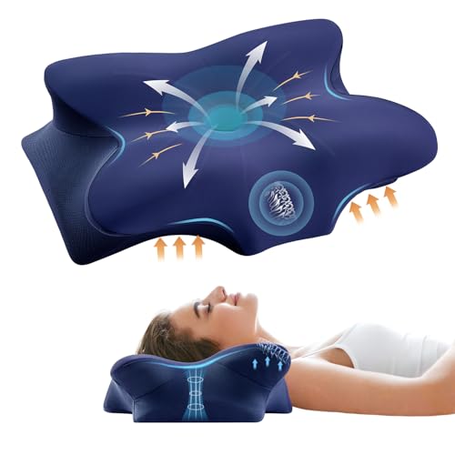 Memory Foam Cervical Pillow for Neck and Shoulder, Ergonomic Contour Cervical Neck Pillow for Sleeping, Cooling Neck Support Pillows for Side Back Stomach Sleeper Dark Blue