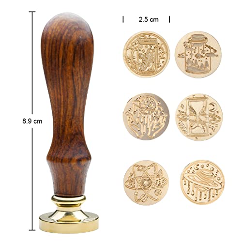 Wax Seal Stamp Kits, 6 pcs Wax Stamp Brass Head & 1 Wooden Handle, 6 Designs (Magic Hourglass/Planet/Space/Magic Forest/Mason Jar)