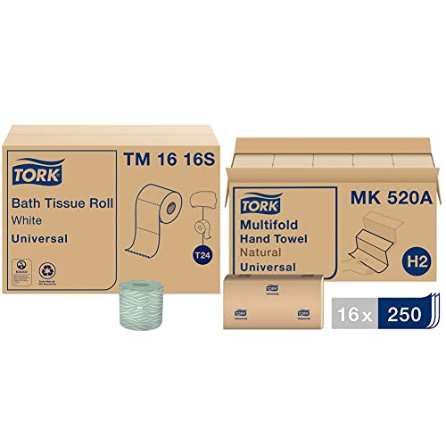 Tork Toilet Paper Roll White T24, Universal, 2-Ply, 96 x 500 sheets, TM1616S & Multifold Hand Towel, Natural, H2, Universal, 3-Panel, 100% Recycled Fibers, 1-Ply, 16 x 250 Sheets - MK520A