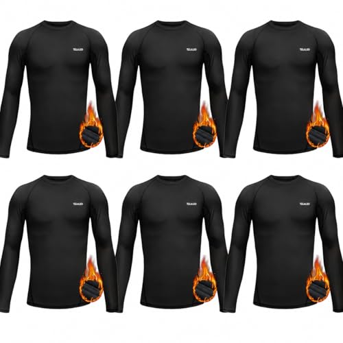 Boys Thermal Fleece Compression Shirts Long Sleeve 6 Pack, Kids Cold Weather Baselayer Tops, Youth Athletic Ski Running Undershirts setA-L
