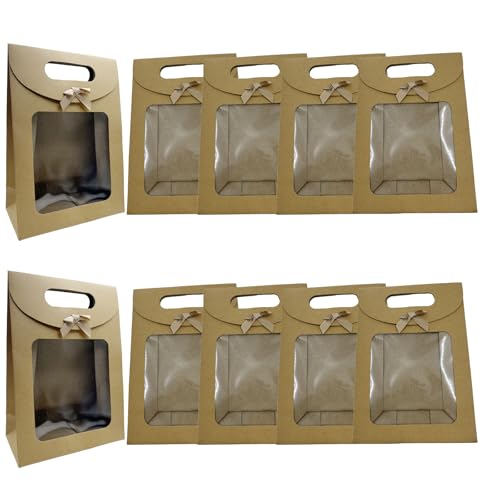 Yidaz 10 Pcs Kraft Paper Bags with Clear Window Bowknot Ribbon Gift Bags with Handles for Candy Cookies Packaging Wedding Party(Brown)