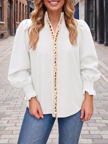 Tankaneo Womens Puff Long Sleeve Blouses Dressy Casual Smocked V Neck Tops — view 3