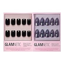 مجموعة أظافر Glamnetic Press-On - أسود نفاث وكروم بورجوندي | أظافر صناعية قصيرة سوداء مربعة بلمسة نهائية لامعة | أظافر صناعية قصيرة من اللوز بلمسة نهائية من الكروم المعدني | متينة وعالية الجودة