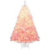 Goplus 6 FT Pre-Lit Snow Flocked Christmas Tree, Artificial Hinged Xmas Full Tree with 820 Branch Tips, 250 Warm White LED Lights, 8 Modes, Metal Stand, Home Office Decoration