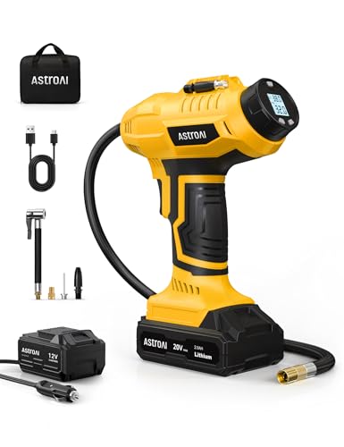 AstroAI Cordless Tyre Inflator Air Compressor, 12V DC and 20V Rechargeable Battery Dual Power 160PSI Portable Handheld Car Tyre Pump with Digital Pressure Gauge for Car Motorcycle Bicycle Ball