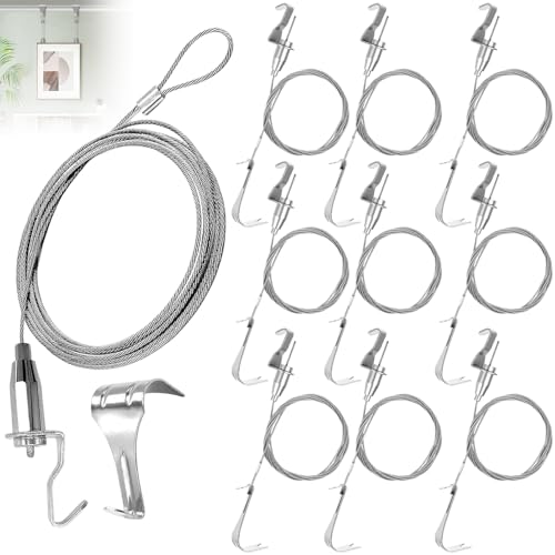 Juegos de 10 Colgar Cuadros Acero Inoxidable con 2m x Ø1.5mm Cable Acero, Gancho Ajustable y Ganci Carril, Herramientas Suspensión Facil Sin Agujeros Taladrar para Espejo, Cortina, Marco Fotos y Arte