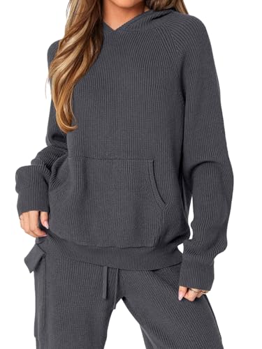 REORIA Women\'s 2 Two Piece Knit Sweater Sets Hoodies Cargo Pants Matching Lounge Tracksuits Fall Winter Airport Outfits 2024 Trendy(Deep Grey Small)