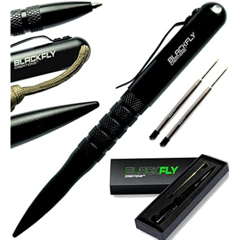 Premium Tactical Pen Self Defense Kubaton, SAFE GRIP, Drilled No Loss Cap For Lanyards! EDC Military Grade Survival Pens, Top Gadget Gifts For Men Women Police! +2nd Ink +Gift Box +USA Brand Black Fly Cover