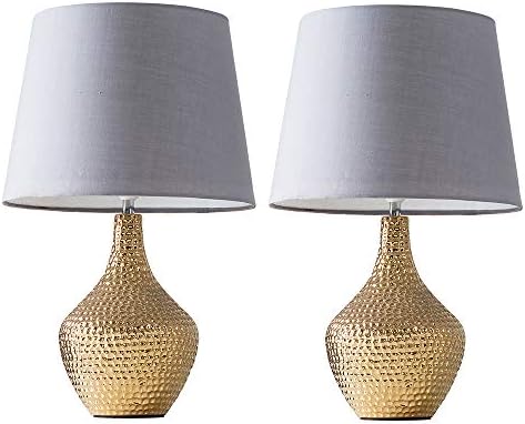 MiniSun Modern Metallic Gold Indent Textured Ceramic Table Lamp with a Pink Tapered Shade