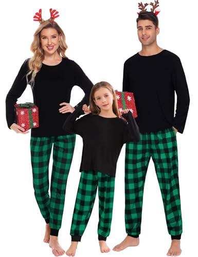 SWOMOG Christmas Pajamas for Women Men Long Sleeve Black Pull Over Top with Plaid Pajama Pants Pj Set Couples Pajama Set