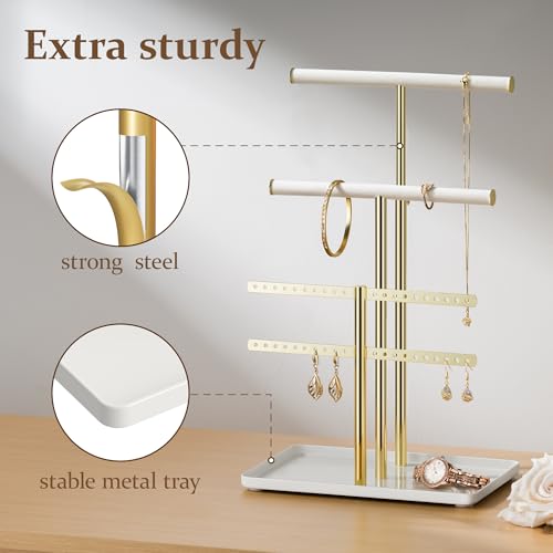pickpiff Jewelry Holder Organizer with Velvet, Adjustable 10\"-17\" Tall, Metal Stand for Display Bracelet, Necklace, Earrings, Rings, White and Gold